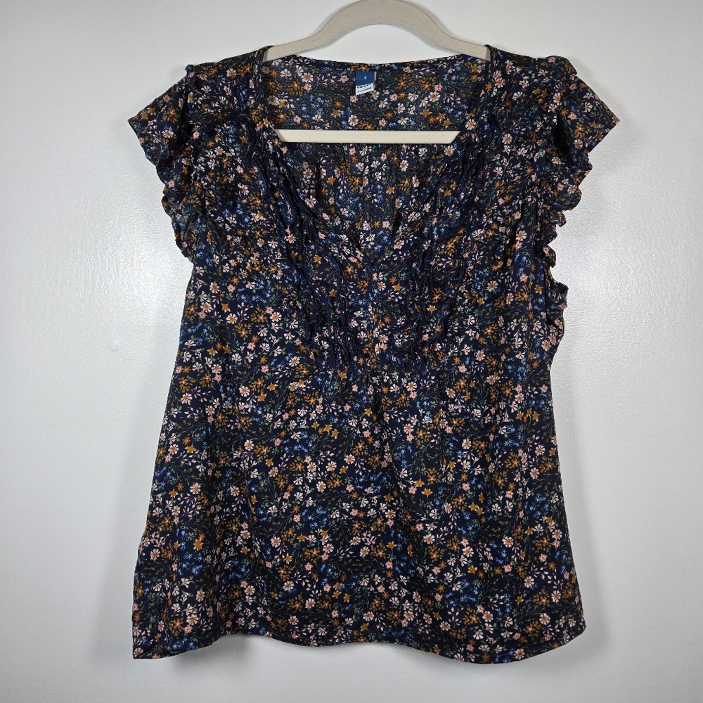 Old Navy Blue Ditsy Floral Ruffle Flutter Sleeve Top Size Small